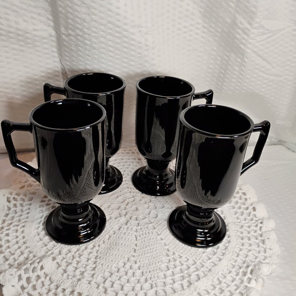 Set of 2 vintage Indiana Glass Co Continental black amethyst glass pedestal mugs